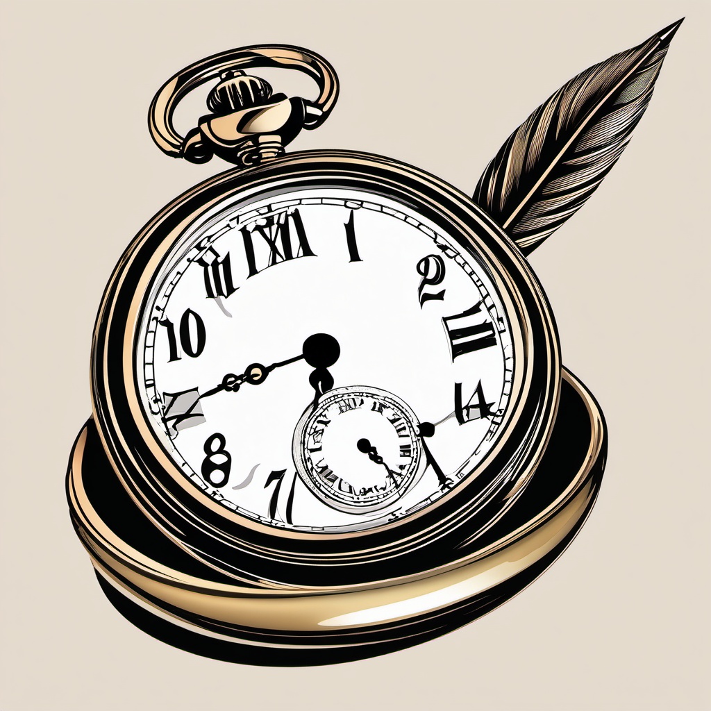 Pocket Watch and Quill Clipart - Pocket watch and quill pen poised for writing.  color clipart, minimalist, vector art, 