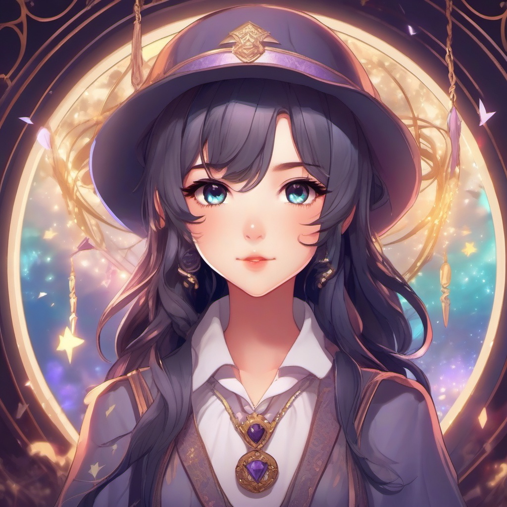 Magical prodigy, in a whimsical magical school, attending spellbinding classes and mastering arcane arts.  front facing ,centered portrait shot, cute anime color style, pfp, full face visible