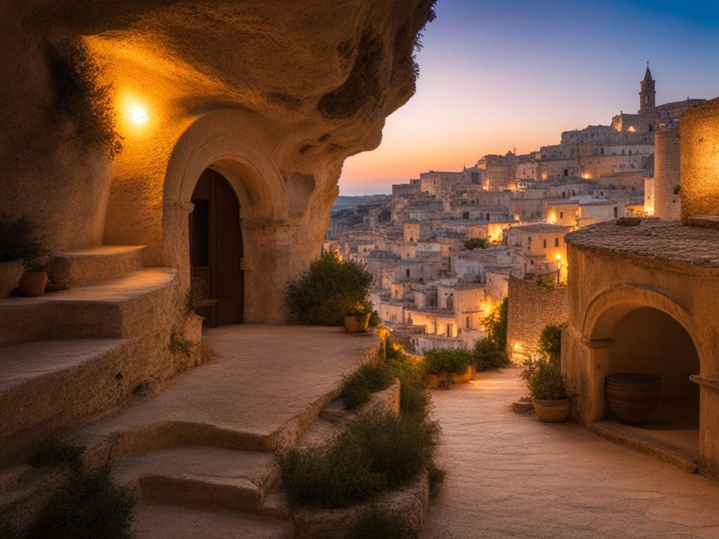 mystical matera caves - create an artwork that captures the otherworldly beauty of the ancient cave dwellings in matera, with their unique charm. 