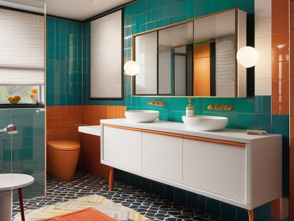 Mid-century modern bathroom features retro-inspired tiles, simple lines, and vibrant colors, adding a nostalgic touch to your daily routine.  