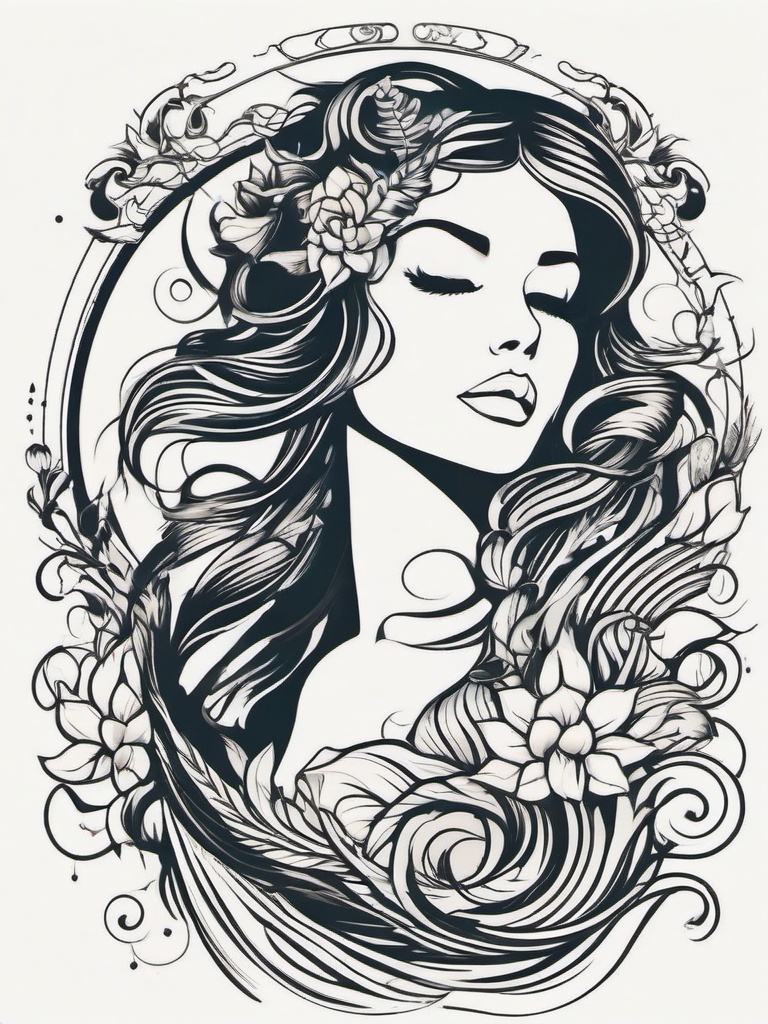 Siren Tattoo Ideas - Find inspiration for your tattoo with creative ideas centered around the mythical allure of sirens.  simple vector color tattoo,minimal,white background