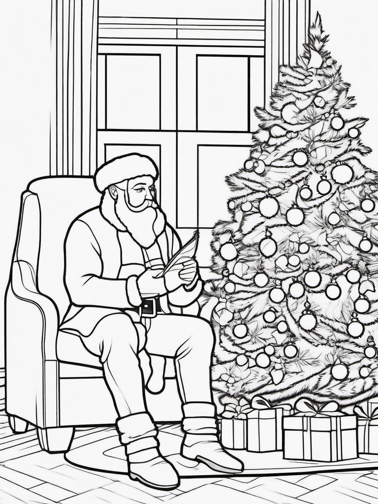 Santa in Front of Christmas Tree Coloring Pages - Admiring a Beautifully Decorated Tree  minimal black outline printable sheet, coloring page