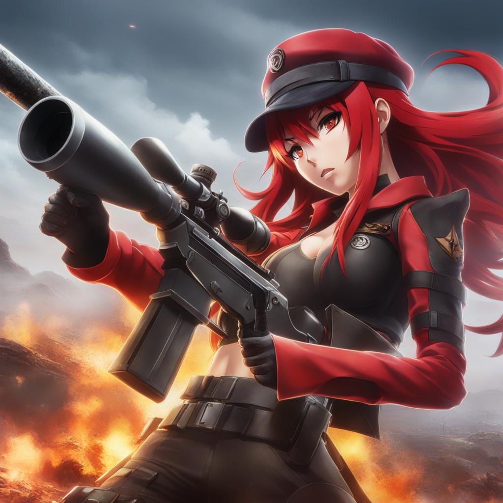 yoko littner aims her sniper rifle at enemy forces on a scorched battlefield. 