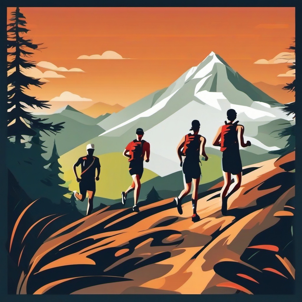 Mountain Trail Running Endurance Clipart - Trail runners showcasing incredible endurance on a mountain trail.  color vector clipart, minimal style