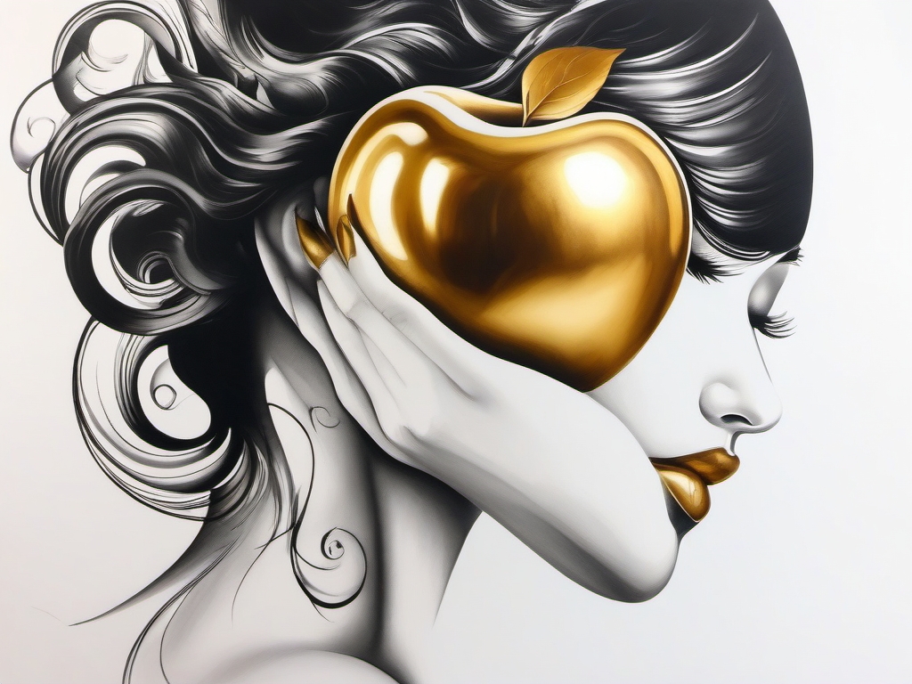 Golden apple Aphrodite ink. Temptation in gold.  color tattoo minimalist white background