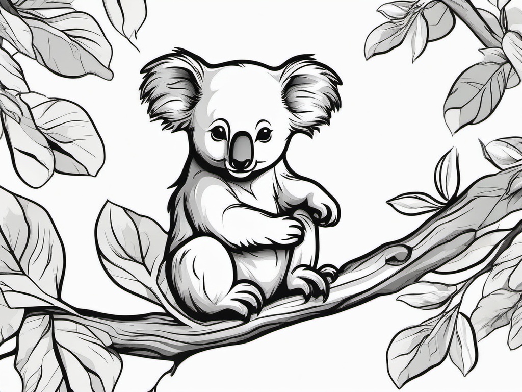 Koala Tattoo - Cute koala clinging to a eucalyptus tree, an emblem of comfort  few color tattoo design, simple line art, design clean white background