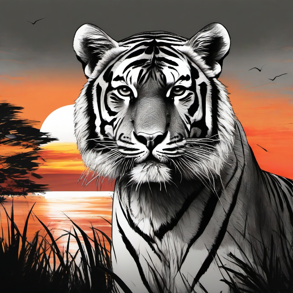 drawing of a tiger with a sunset  minimal rough sketch scribbles,doodles,black and white