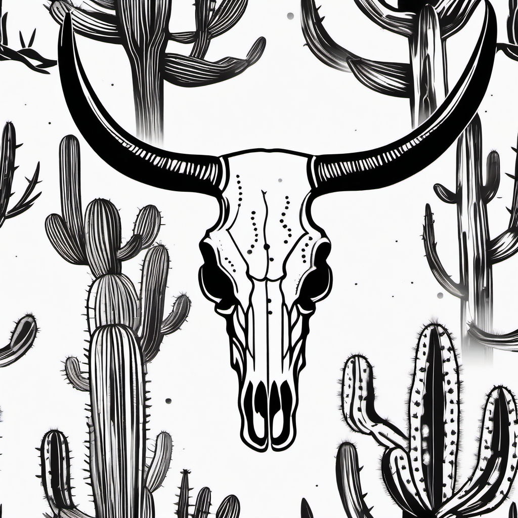 Rustic bull skull and cactus ink. Southwestern desert charm.  minimalist black white tattoo style