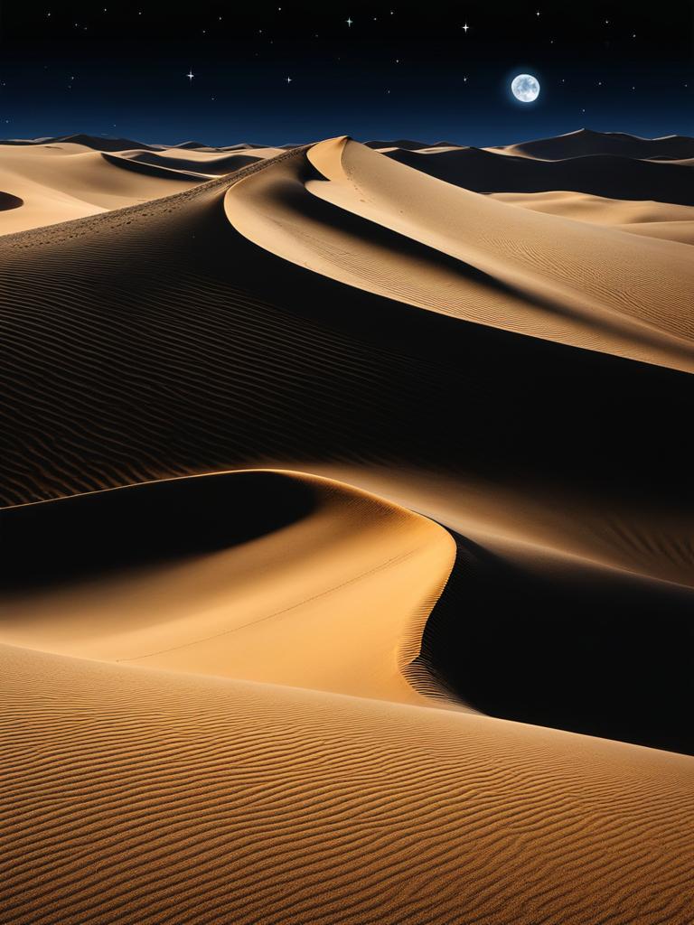 tottori sand dunes - illustrate the moonlit tottori sand dunes, where the desert-like landscape glows softly under the starry sky, perfect for sandboarding adventures. 