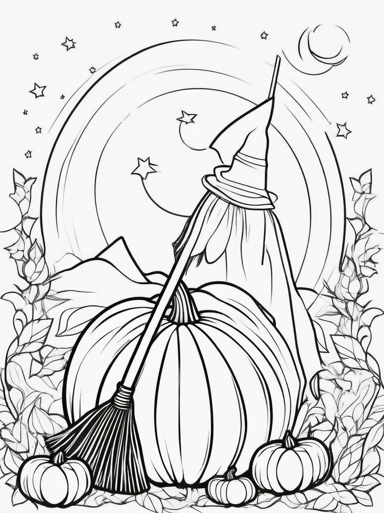 Pumpkin with Broomstick Coloring Pages - Witch's Broomstick Leaning on a Pumpkin  minimal black outline printable sheet, coloring page