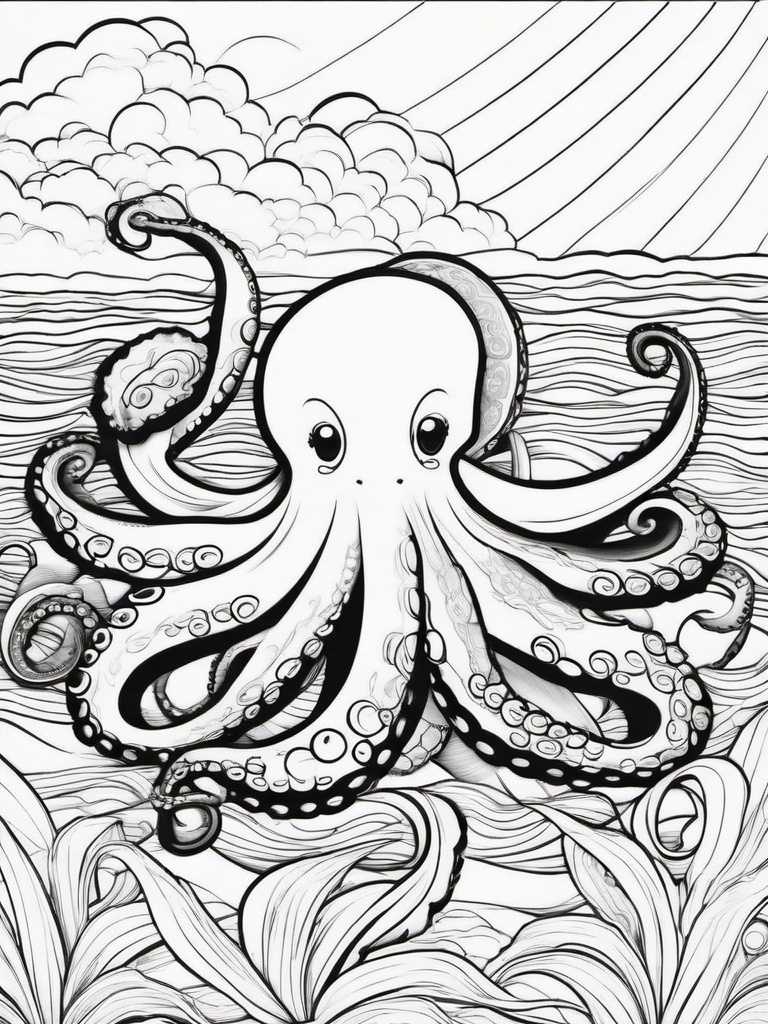 Octopus Coloring Pages - Octopus with curly tentacles in an ocean scene  simple coloring pages