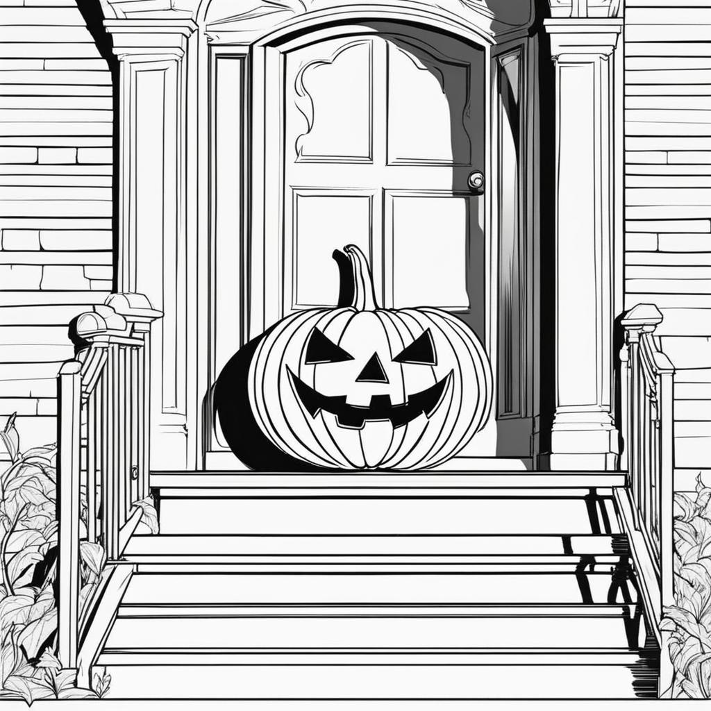 pumpkin coloring pages - a carved pumpkin grins on a doorstep, ready for trick-or-treaters. 