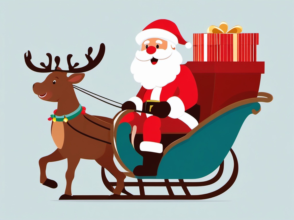 Santa in a sleigh clipart, Santa Claus merrily riding in his sleigh with presents.  simple, 2d flat