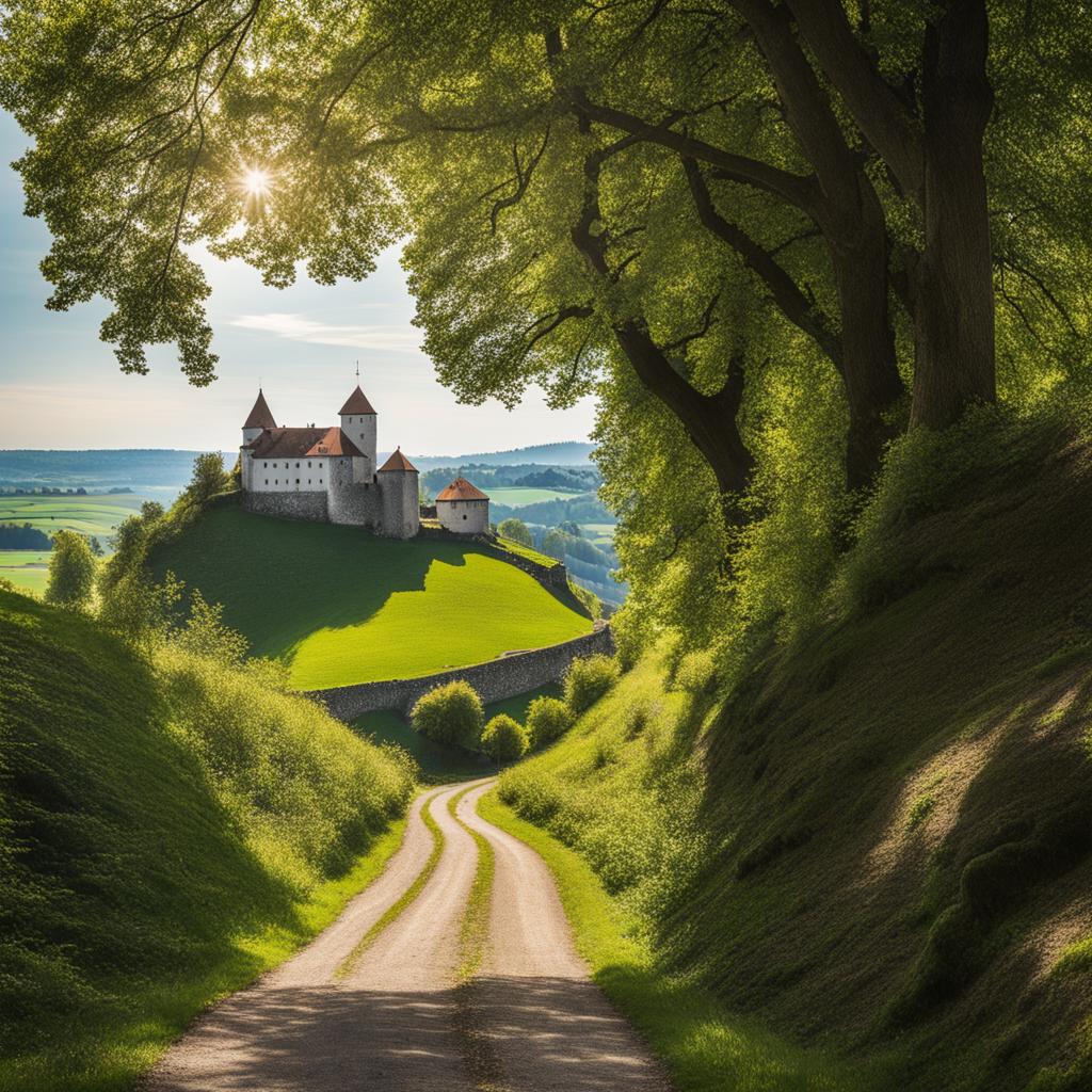 secrets of aargau's castle trail - illustrate the secrets of aargau's castle trail, featuring medieval fortresses and scenic countryside. 