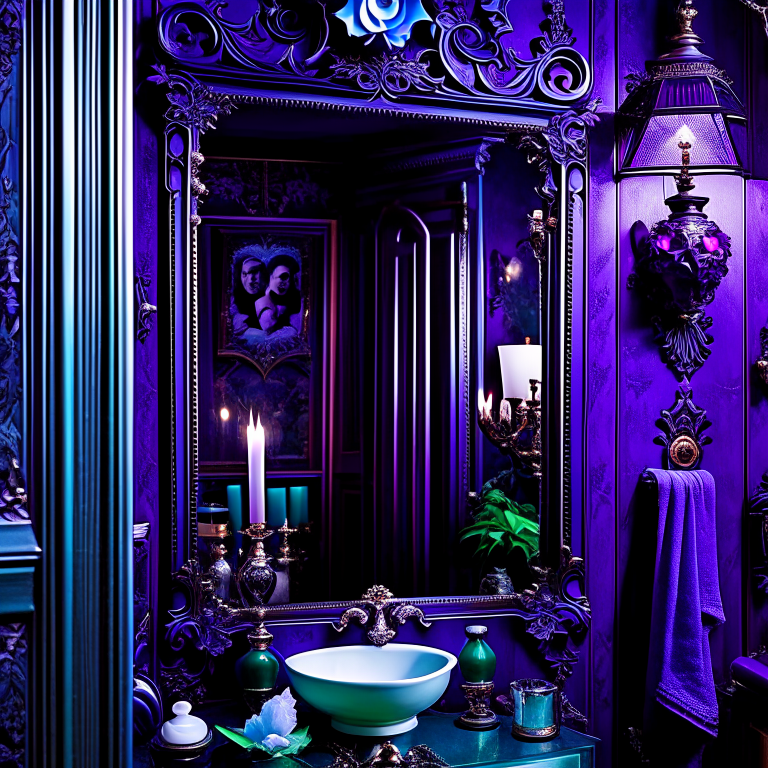 haunted mansion bathroom with haunted mirror and ghostly wallpaper. 