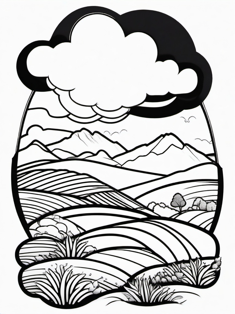 Rainbow Coloring Page - Rainbow amidst rolling hills and meadows.  easy,simple,minimal,coloring pages,black and white outline