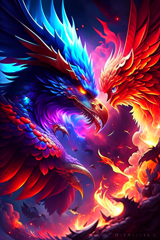 dragon vs phoenix - mythical titans collide in the skies above an ancient dragon's lair, flames and feathers filling the air. 