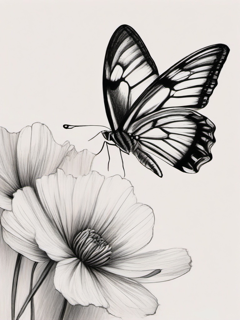 drawing of a butterfly and a flower in soft pastels  minimal rough sketch scribbles,doodles,black and white