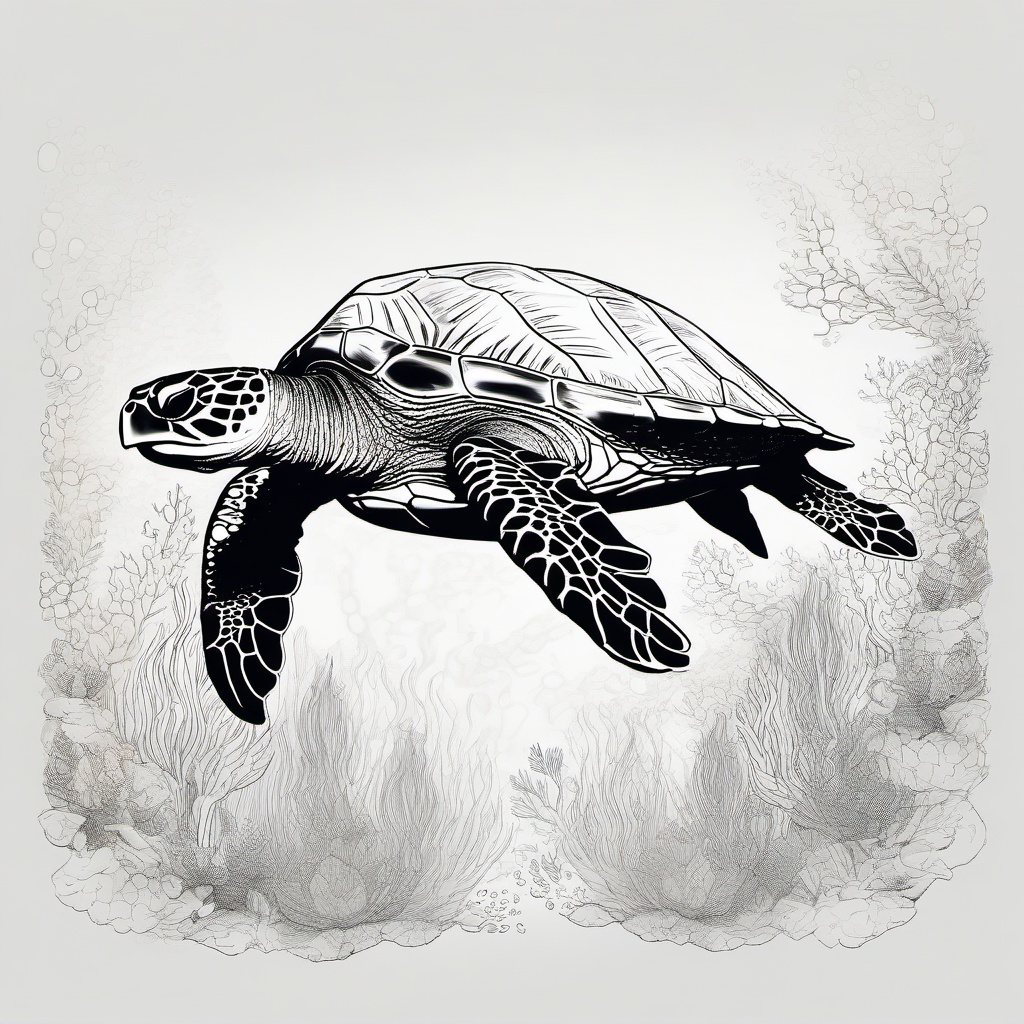 drawing of a sea turtle in a coral reef  minimal rough sketch scribbles,doodles,black and white