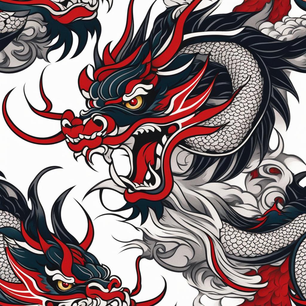 Japanese dragon tattoo, Tattoos inspired by Japanese dragon mythology and art.  color, tattoo style pattern, clean white background