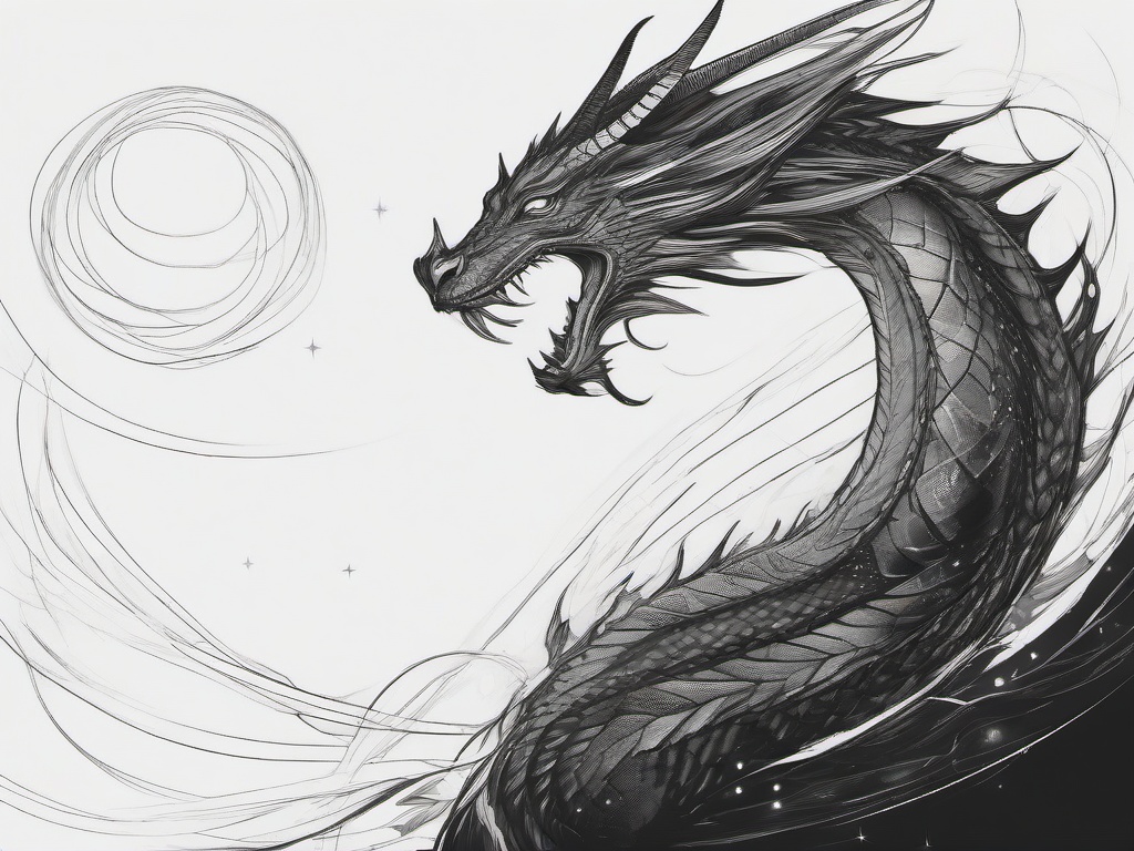 drawing of a celestial dragon  minimal rough sketch scribbles,doodles,black and white