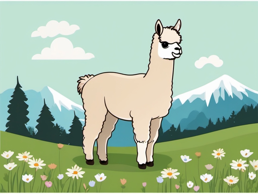 Cute Alpaca in a Mountain Meadow  clipart, simple