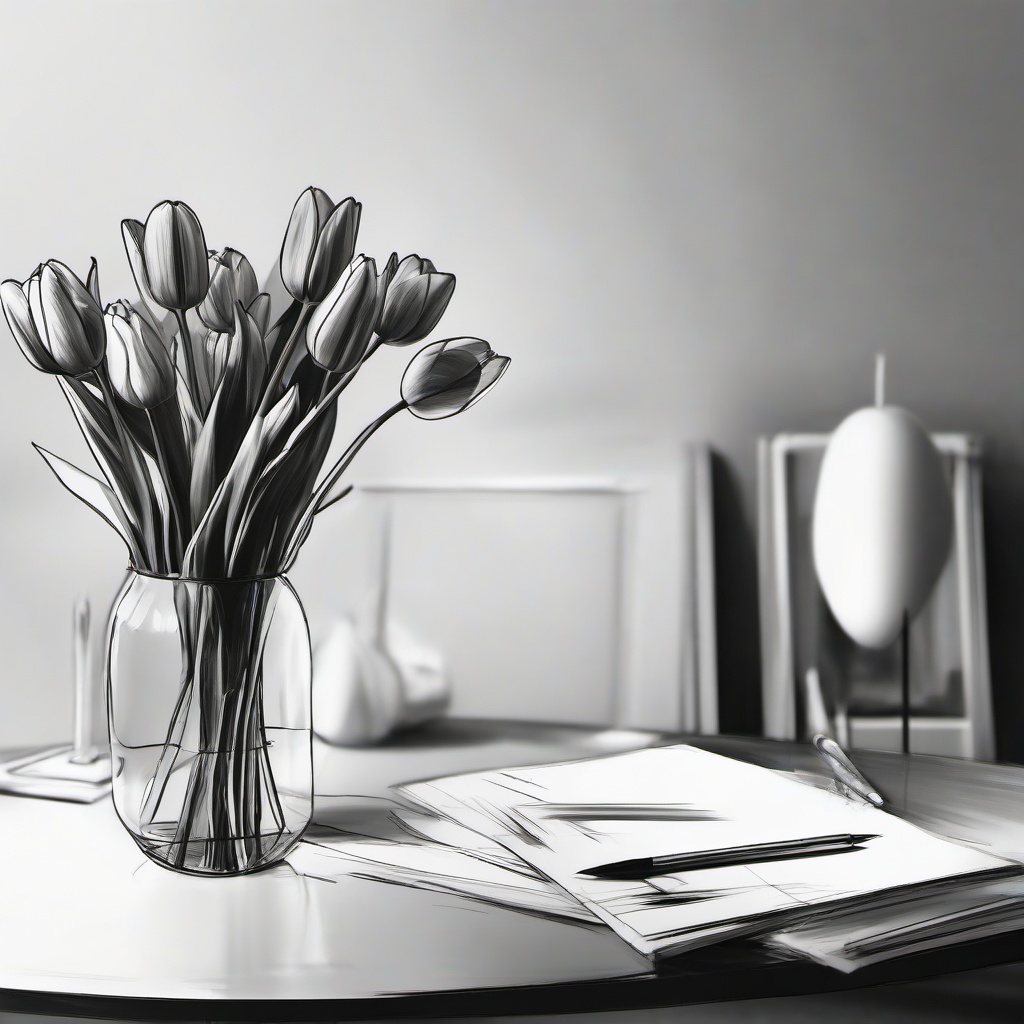 drawing of tulips on a table  minimal rough sketch scribbles,doodles,black and white