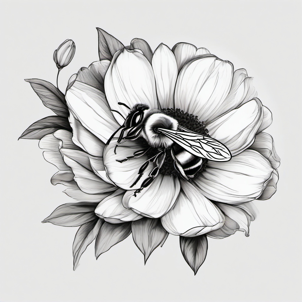 drawing of a flower with a bee  minimal rough sketch scribbles,doodles,black and white