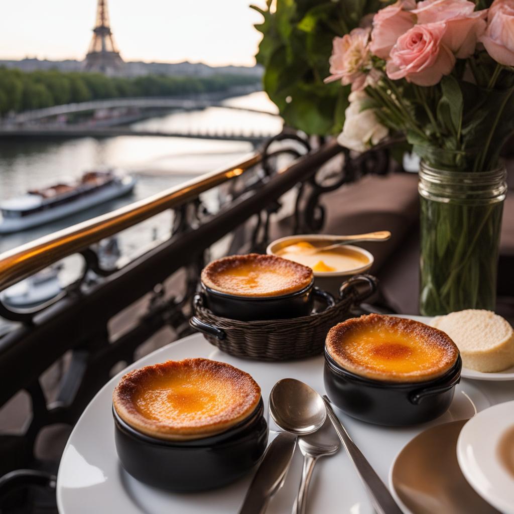 french crème brûlée, relished at an upscale restaurant with a view of the seine river. 