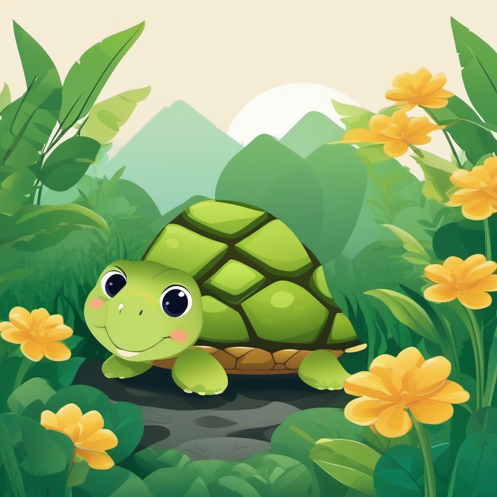 Cute Turtle - Playfully peeking out from a garden bush, the cute turtle adds a delightful touch to the scenery.  vector art, clipart, minimal