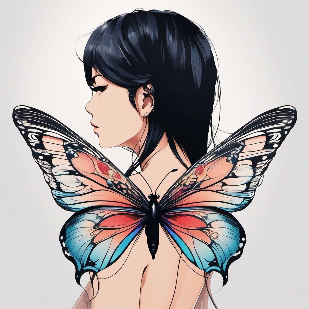 anime butterfly tattoo  simple color tattoo, minimal, white background