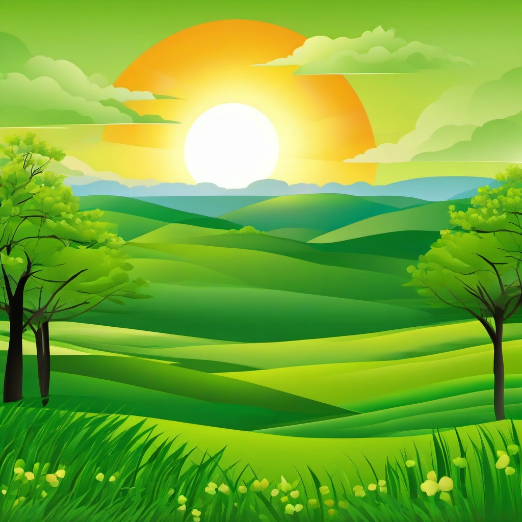 March clipart - March sunrise over a green landscape  