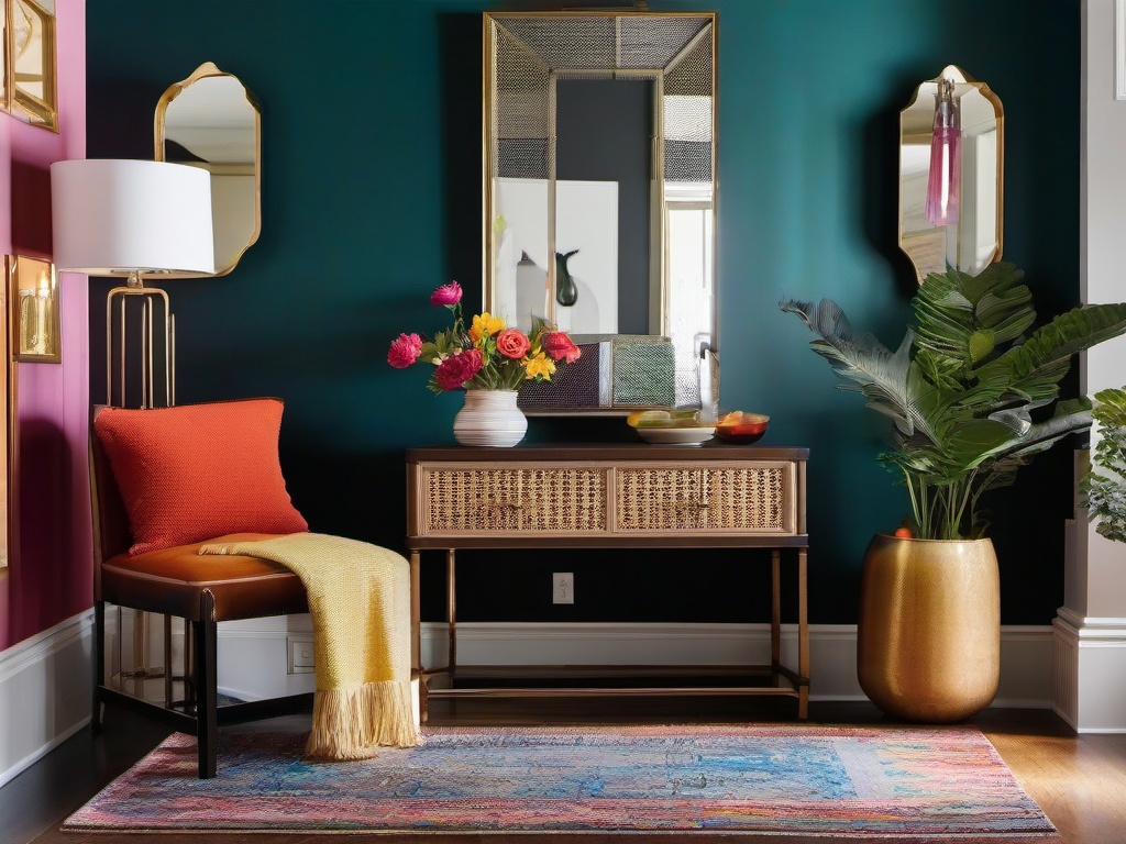 Eclectic entryway combines unique furniture pieces, vibrant colors, and various decor styles, making it a dynamic and personalized space for welcoming visitors.  