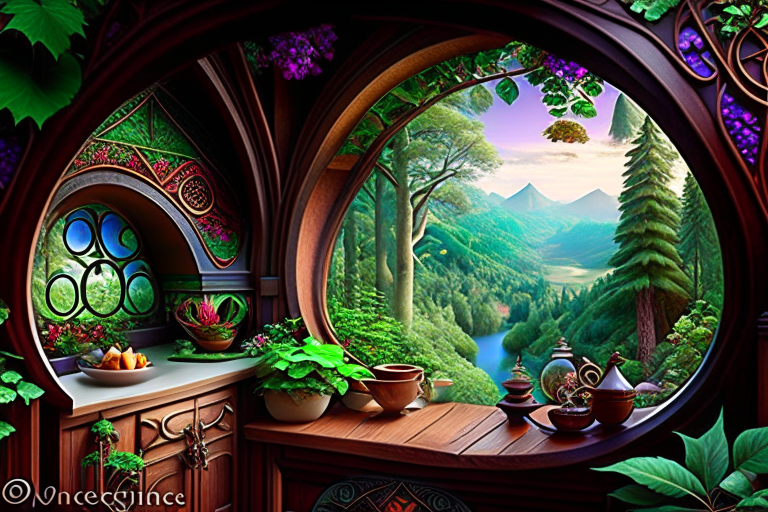 elf kingdom kitchen with ornate elven patterns and enchanted forest view. 