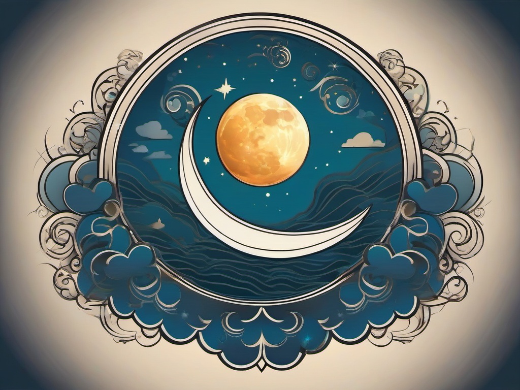 Moon Cloud Tattoo-Whimsical and atmospheric tattoo featuring a moon surrounded by clouds, capturing celestial beauty.  simple color vector tattoo
