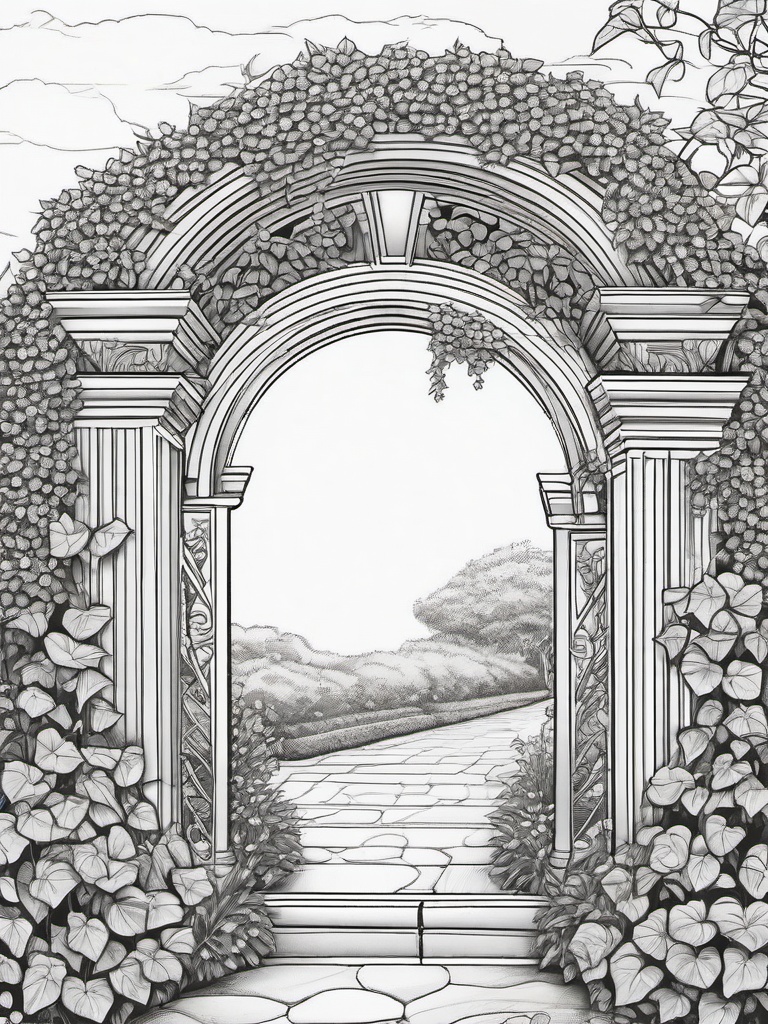 Morning Glory coloring page sheet - Morning glories climbing up a garden archway at sunrise.  black outline printable coloring page