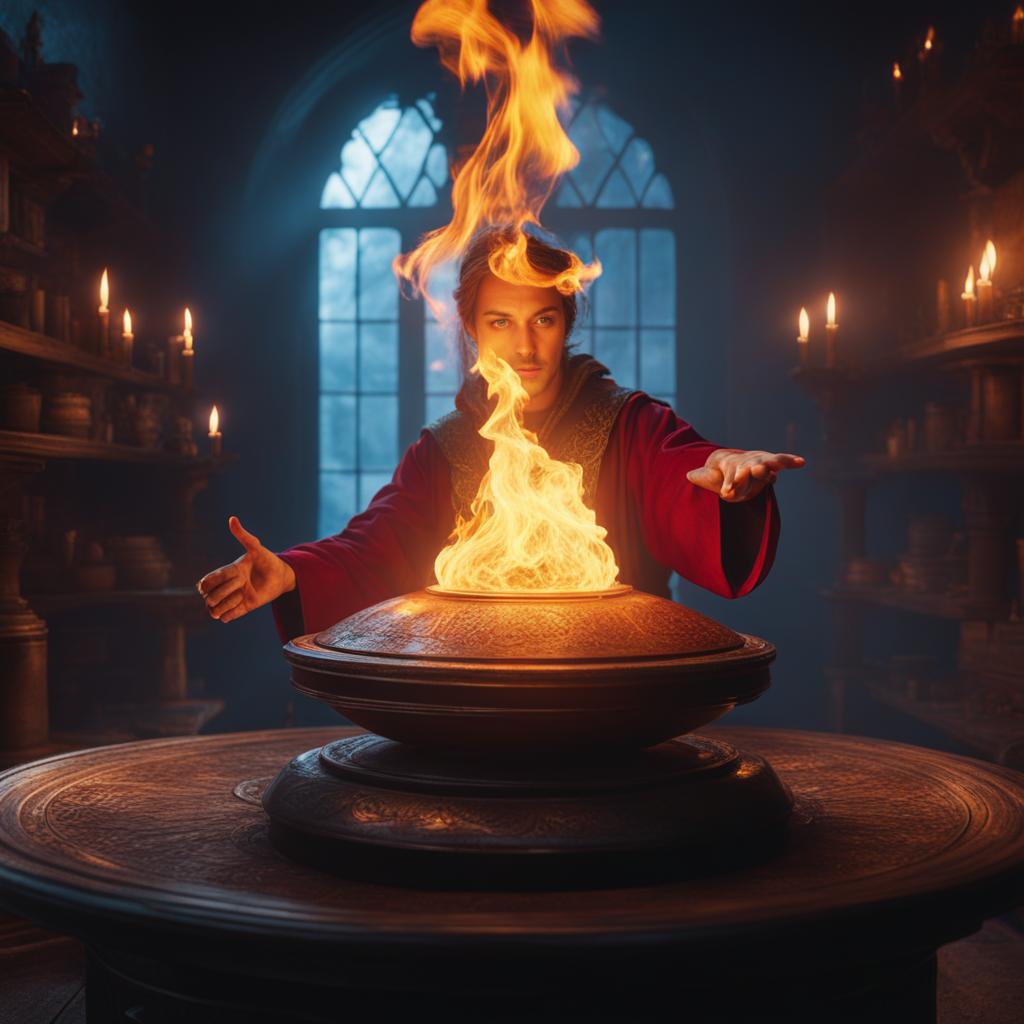 sorcerer's apprentice conjuring colorful flames in a hidden spell chamber 8k, hyper realistic, cinematic 