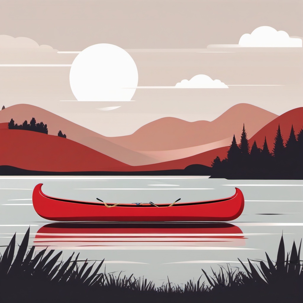 Canoe Clipart - A red canoe floating peacefully on a river.  color vector clipart, minimal style