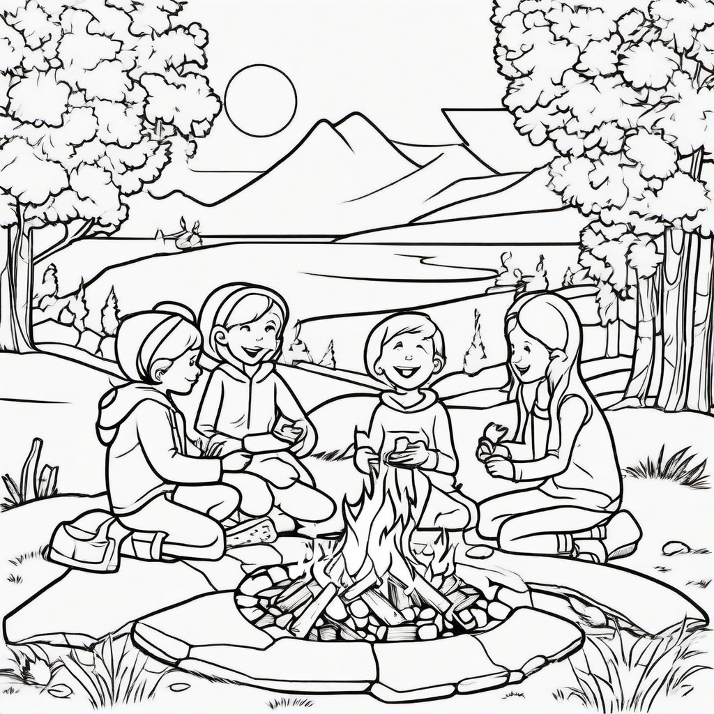 Summer Coloring Pages - Family roasting marshmallows around a campfire at night  simple coloring pages