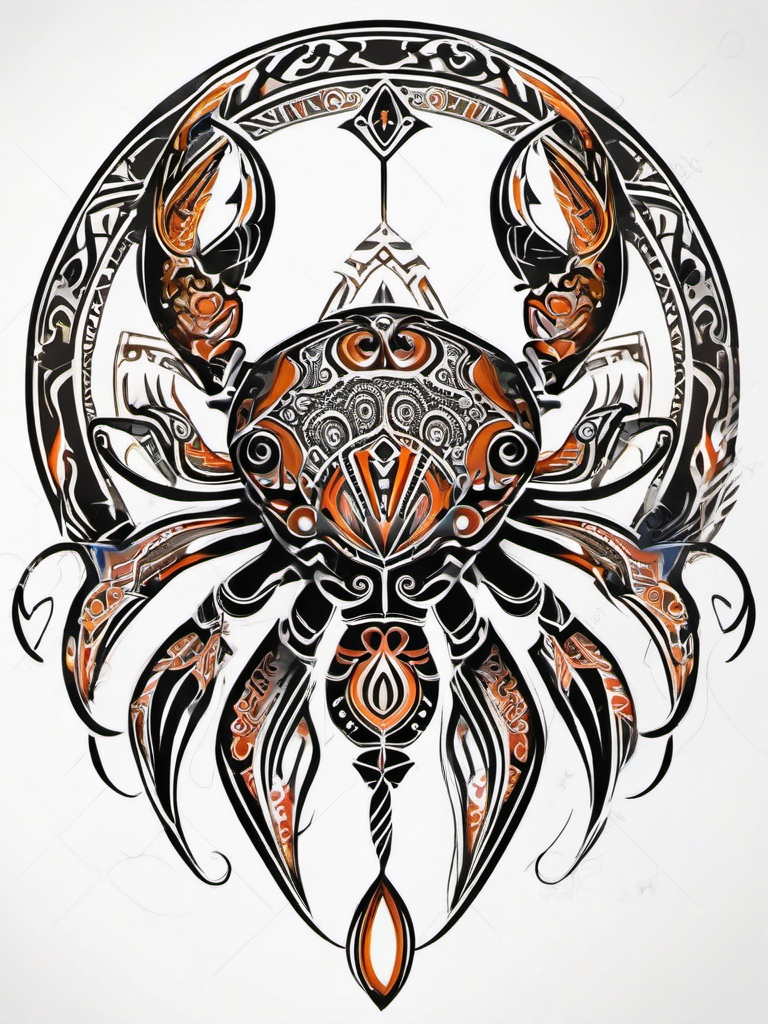 Cancer zodiac with tribal patterns ink. Cultural fusion in art.  color tattoo design, white background