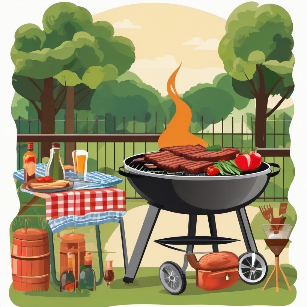 BBQ with a backyard setting clipart.  vector style illustration, white background