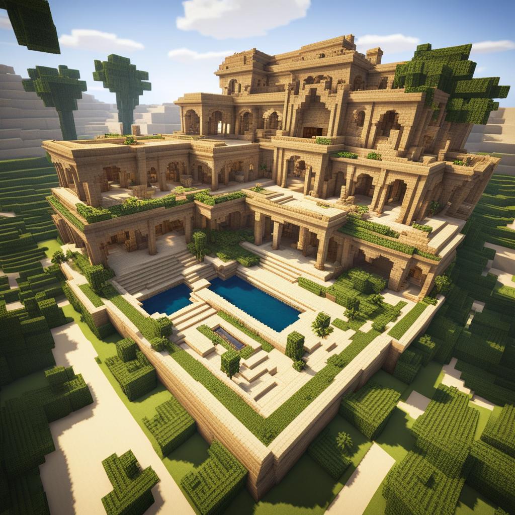 desert oasis with palm trees and a luxurious palace - minecraft house design ideas minecraft block style