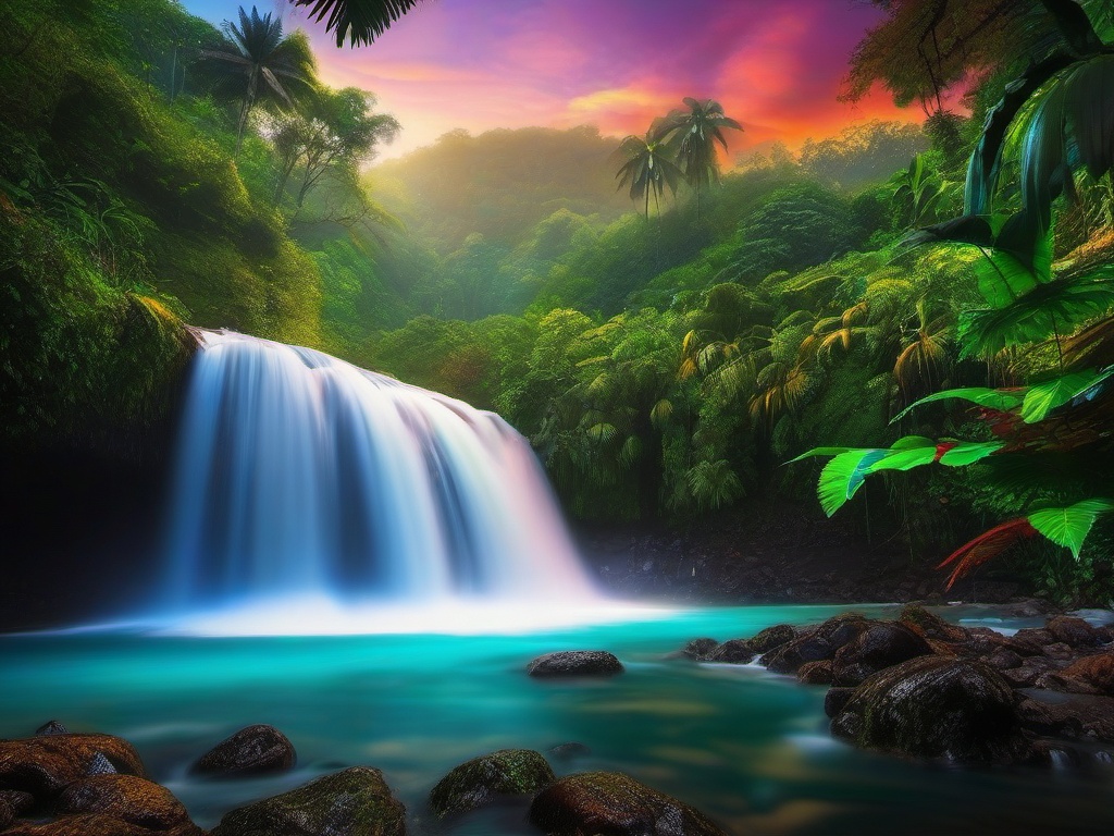 Live Wallpapers - Waterfall in Costa Rica's Rainforest wallpaper splash art, vibrant colors, intricate patterns