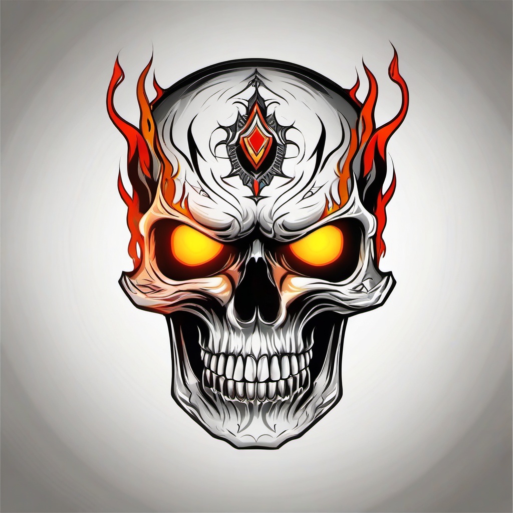 Skull Tattoo - A menacing skull tattoo with fiery eyes  few color tattoo design, simple line art, design clean white background