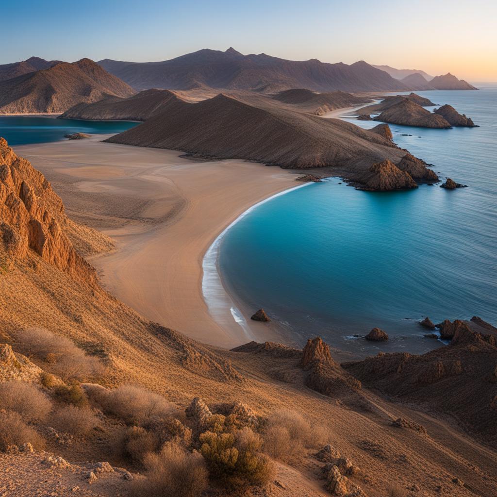 enigmatic cabo de gata - create an artwork inspired by the enigmatic landscapes of cabo de gata-níjar natural park, with volcanic cliffs and hidden beaches. 