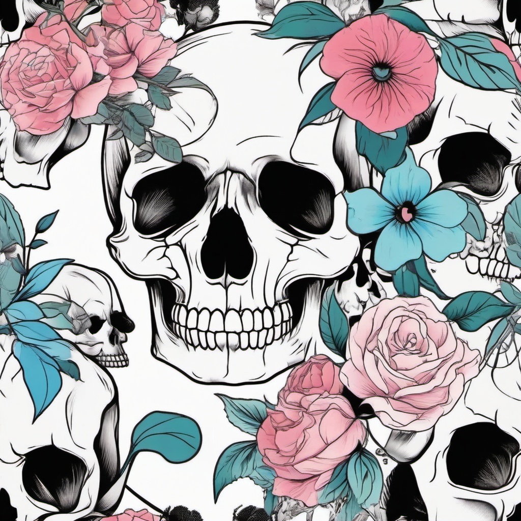 Girly Skull Tattoos with Flowers - Feminine and stylish tattoos combining skulls and flowers.  simple color tattoo,minimalist,white background