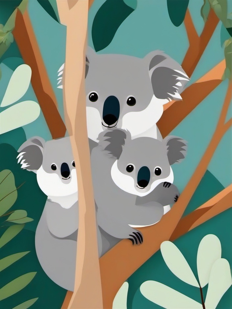 Koala Family Clip Art - Family of koalas in eucalyptus trees,  color vector clipart, minimal style