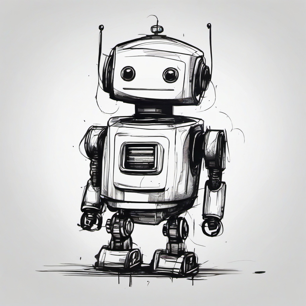 drawing of a robot with a smile  minimal rough sketch scribbles,doodles,black and white