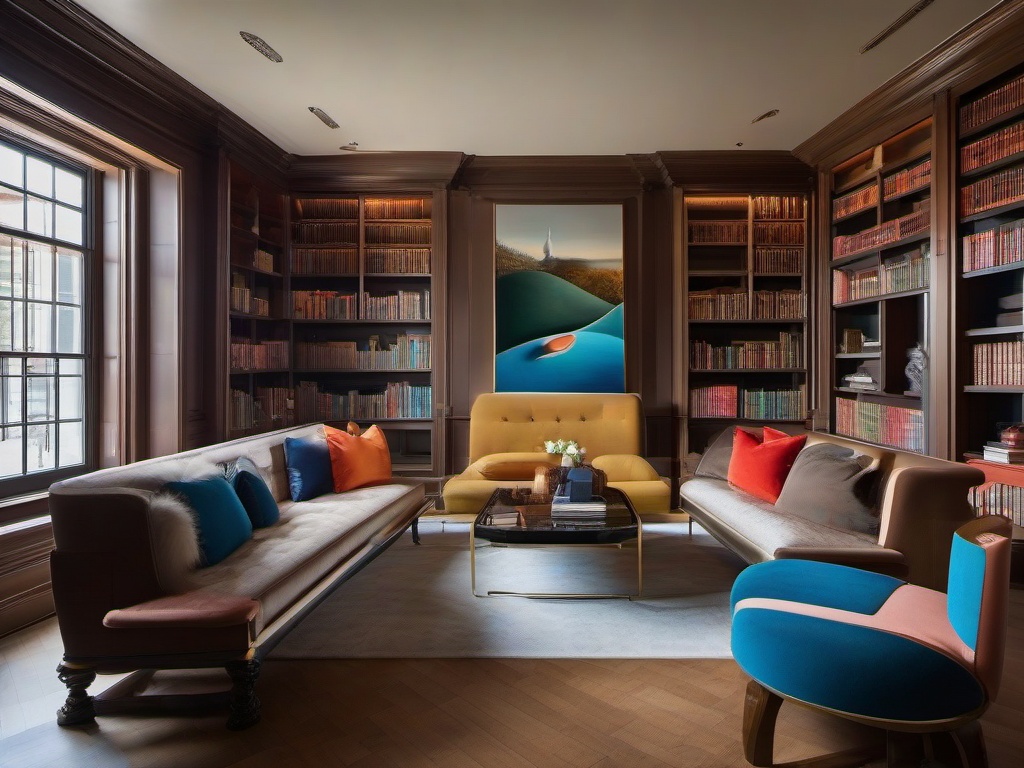 In the library room, surrealist interior design incorporates unusual bookshelves, playful seating, and imaginative artwork that inspire reading and relaxation in a whimsical setting.  