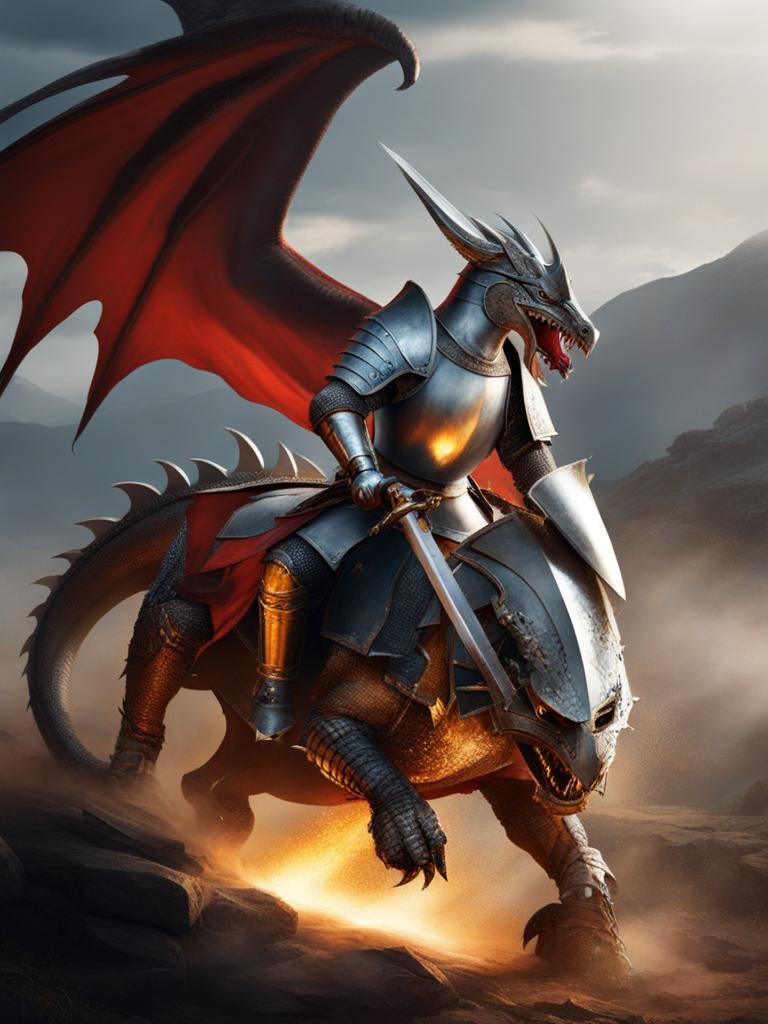 medieval knight in shining armor battling a fearsome dragon. 